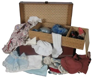 54 Pc Antique Doll Clothing Lot & Steamer Trunk Wardrobe Box Dollhouse 18" - Picture 1 of 12
