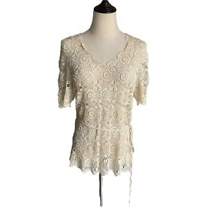 crochet Knit Top Size M open knit lace style Belted Boho Chic Hippie Retro Style