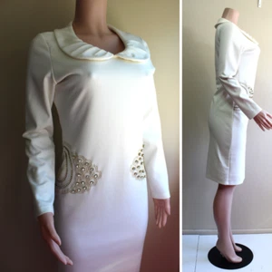 Retro 1960s Rhinestone Dress 42 M Chic Cream Knit LS Velvet Collection VTG 90s - Picture 1 of 18