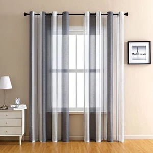 Rustic Stripe Sheer Curtain Window Drapes Panels Farmhouse Decor Grommet Top - Picture 1 of 47