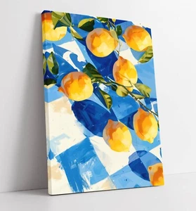 GOUACHE LEMONS ON CHECKERED CLOTH -FRAMED CANVAS WALL ART PICTURE PRINT - Picture 1 of 2
