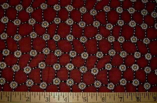 DEBBIE MUMM Fabric - Daisies Connected in Squares on Dark Red -15" REMNANT - Image 1 of 1