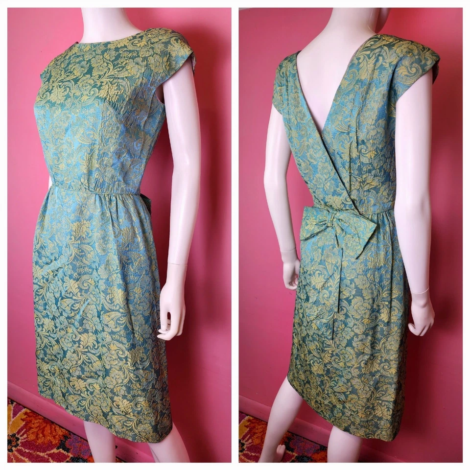 Vintage 1950's Mint Gold Brocade Sheath Dress Low Back with Bow by R&K Originals - Image 1 of 4