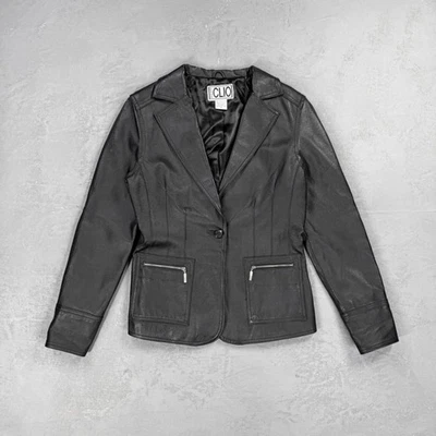 Chaqueta vintage de cuero Clio de cuero negro con un solo botón para mujer 8 Foto 1 de 4