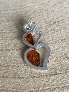 Baltic Amber Three Hearts Pendant Sterling Silver 925 Cognac Natural Gemstone - Picture 1 of 4