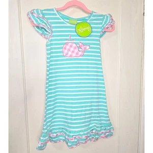 Whimsy Whale gestreiftes Kleid Mädchen - mintgrün & rosa Kleid Größe 8-10 - Bild 1 von 10