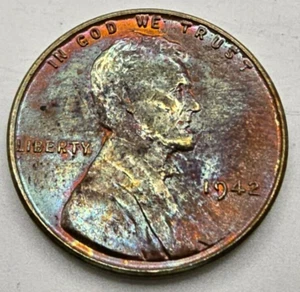 1942 P Lincoln Wheat Cent BU Oil Slick Rainbow Toned RB Penny Free Shipping! - Picture 1 of 4
