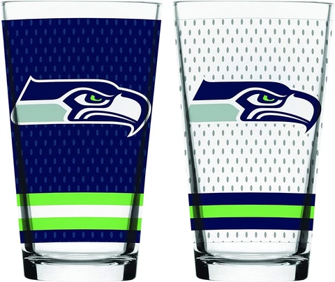 Seattle Seahawks Football Mixing Glass Set of Two 16oz Full Logo in Gift Box Cover