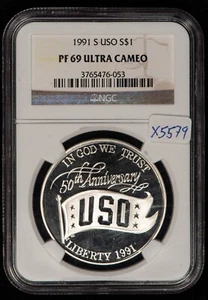 1991-S $1 USO Commemorative Silver Dollar Proof - NGC PF 69 Ultra Cameo - X5579 - Picture 1 of 4