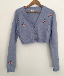 COTTON ON Sz XS Baby Blue Cropped Cardigan with Embroidered Flowers - Picture 1 of 9