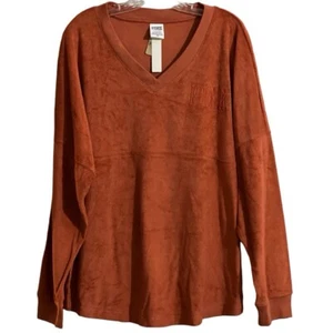 Victoria’s Secret PINK Sweatshirt Large Varsity Terry V-Neck Oversized Brown - Picture 1 of 6