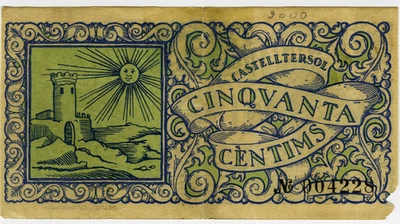 # SPAIN CIVIL WAR 1937 • CASTELLTERSOL 50c MUNIC. ☆ GUERRA CIVIL ESPAÑOLA ☆D1503 - Image 1 of 2