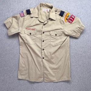 VINTAGE Boy Scouts of America Shirt Adult Large Beige US Made Button Up Patches - Picture 1 of 8