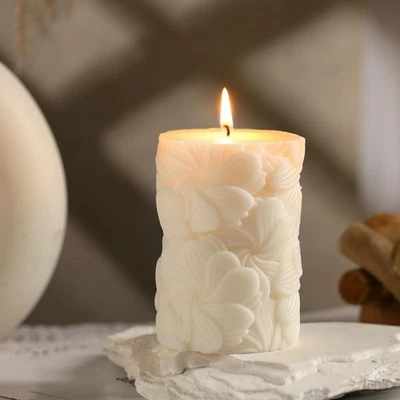 Flower Pillar Candle Sculptured Ribbed Pillar Candle 3.8 x 2.6 inch Handmade ... - Image 1 of 4