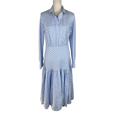 Tish Cox Checked Blue White Print Cotton Midi Shirt Dress Drop Waist Size Large - Image 1 of 4