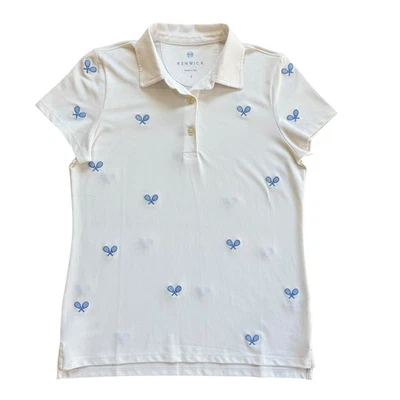 Renwick Polo Shirt Women's S White Blue Tennis Racket Print Golf Athletic Top - Image 1 of 4