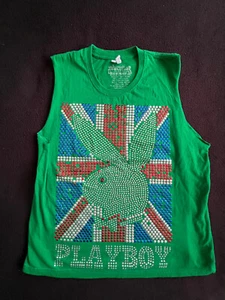 Playboy Bunny Spelled Out Logo Studded UK Flag Hand Cut Sleeveless T-shirt RARE! - Picture 1 of 20