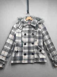 YMI Plaid Pea Coat Womens Small White Gray Double Breasted Faux Fur Trim Hood - Picture 1 of 6