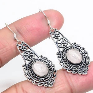 Rosenquarz Edelstein versilbert Ohrringe Vintage Schmuck 1,5" - Bild 1 von 1