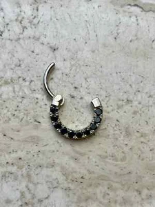 14k Solid Gold Septum Jewelry Ear Clicker Daith Hoop with 2mm Black Diamond - Picture 1 of 7