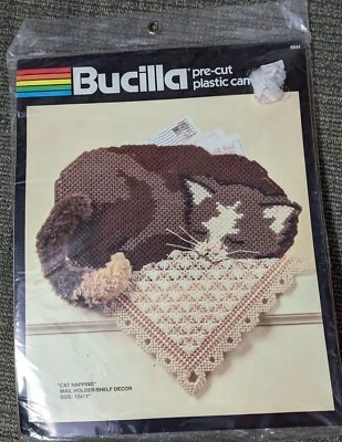 Bucilla Cat Napping Mail Holder Kit Shelf Plastic Canvas 9544 Decor Sealed - Image 1 of 3