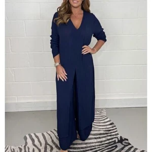 Trousers 2 Piece Neck Casual WomenPlus Plus Size Top V & S~ for Split Loose Suit - Picture 1 of 12