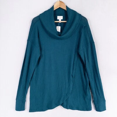A:glow Maternity Top Sz Medium Teal Blue Rib Knit Crossover Front Soft Stretch - Image 1 of 4