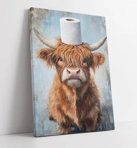 HIGHLAND COW WITH TOILET PAPER ON ITS HEAD -FRAMED CANVAS WALL ART PICTURE PRINT - Picture 1 of 2