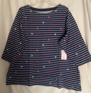 Croft & Barrow 2X Navy White Stripe w/Hearts Knit Top, boatneck, 3/4 sleeves NWT - Picture 1 of 2