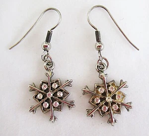 Vintage Silver Snowflake Design with Rhinestones French Hook #L113 Earrings - Picture 1 of 2