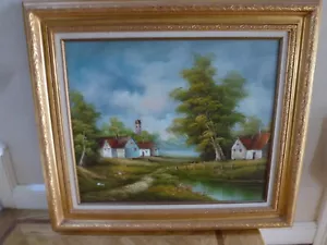 Original Oil Paintings on Canvas signed Nicol Landscape COTTAGES FARM 32 X 28 - Picture 1 of 8
