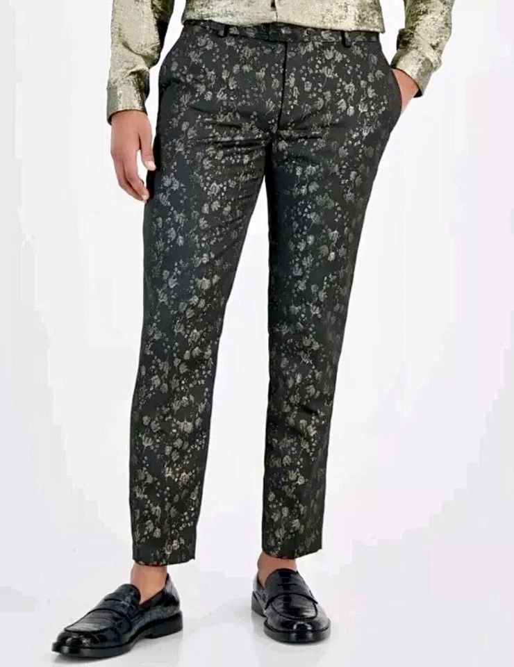 I.N.C. Calça social masculina floral preta e dourada International Concepts tamanho 36 nova com etiquetas - Imagem 1 de 1