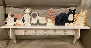 Carved Wooden 6 Cats Wall Shelf Hanging Mounted Decor - Picture 1 of 11