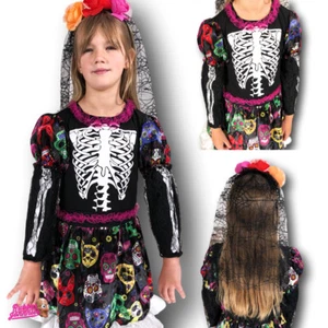 Girls Day of the Dead Costume Kids Halloween Skeleton Sugar Skull Fancy Dress - Picture 1 of 12