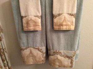 4 Braemore Garden Gazebo Toile Aqua Taupe Plush Bath & Hand Towels - Picture 1 of 2