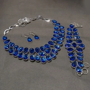 Faceted Tanzanite Quartz Pear Shape Gemstone Handmade Gift Necklace Jewelry Set - Picture 1 of 12