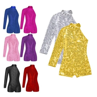 Kids Girls Sequin Leotard Bodysuit One-Shoulder Modern Jazz Unitard Jumpsuit  - Image 1 of 3