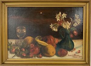 Oil Painting Still Life With Fruits And Flowers Paris 1907 Signed Flawed Antique