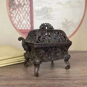 Bruciatore di incenso mobili fiori intagliati cavi ottone antico cinese di buon auspicio - Foto 1 di 8