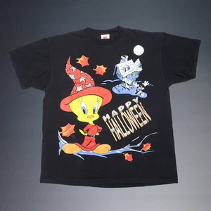 VINTAGE 90'S LOONEY TUNES TWEETY HAPPY HALLOWEEN BLACK SHORT SLEEVE T-SHIRT XL - Picture 1 of 3