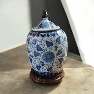 Große 13,5" blau weiß Porzellan Ingwer Dose Chinoiserie Blumen Vogel mit Ständer - Bild 1 von 1