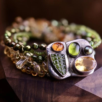 Amy Kahn Russell 925 Magnetic Clasp Citrine Topaz Peridot Amber Pearl Bracelet - Image 1 of 4