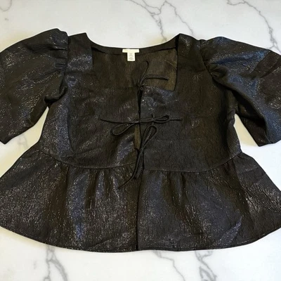 H&M Mujer Top Negro Tejido Jacquard Manga Abullonada Corbatas Corbatas Metálicas Peplum XL Foto 1 de 4