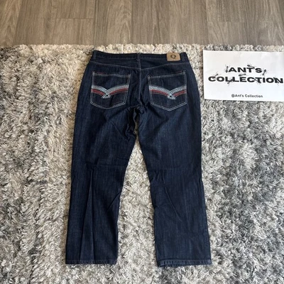 Jeans hip hop vintage anos 90 Qruel masculino bordado azul e vermelho Y2K tamanho 44x30 HTF - Imagem 1 de 4