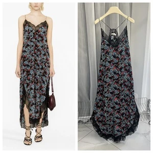 Women Zadig&Voltaire V-Neck Lace Splicing Flower Print Silk Slim Long Dress XS-L - Picture 1 of 15