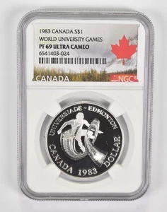 1983 PF69 UCam Canadian $1 Silver Dollar World Uni Games NGC Canada Lbl *7444 - Picture 1 of 5