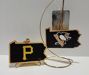 Pittsburgh Penguins Pirates 2 Wooden PA State Ornament Team NHL Hockey MLB - Picture 1 of 15