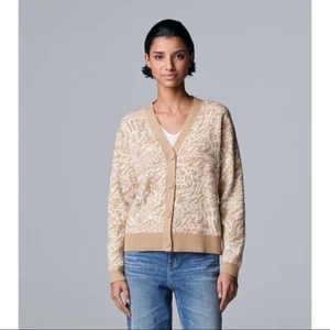 NWT Simply Vera Vera Wang Dropped Shoulder Pattern Cardigan White & Tan Size S - Picture 1 of 2