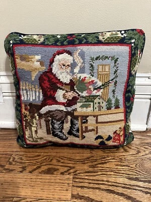 Vintage 13.5” Wool Velvet Zipper Needlepoint Christmas Throw Pillow Santa Claus - Image 1 of 4