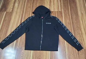 Guess Logo Zip Up Hoodie Sweatshirt Women's Size Small Black White Streetwear - Picture 1 of 5